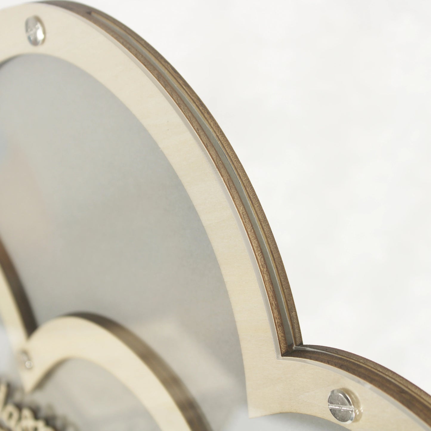 Close-up of a layered, curved wooden and acrylic structure with visible screws, showcasing a smooth and polished finish against a blurred light background.