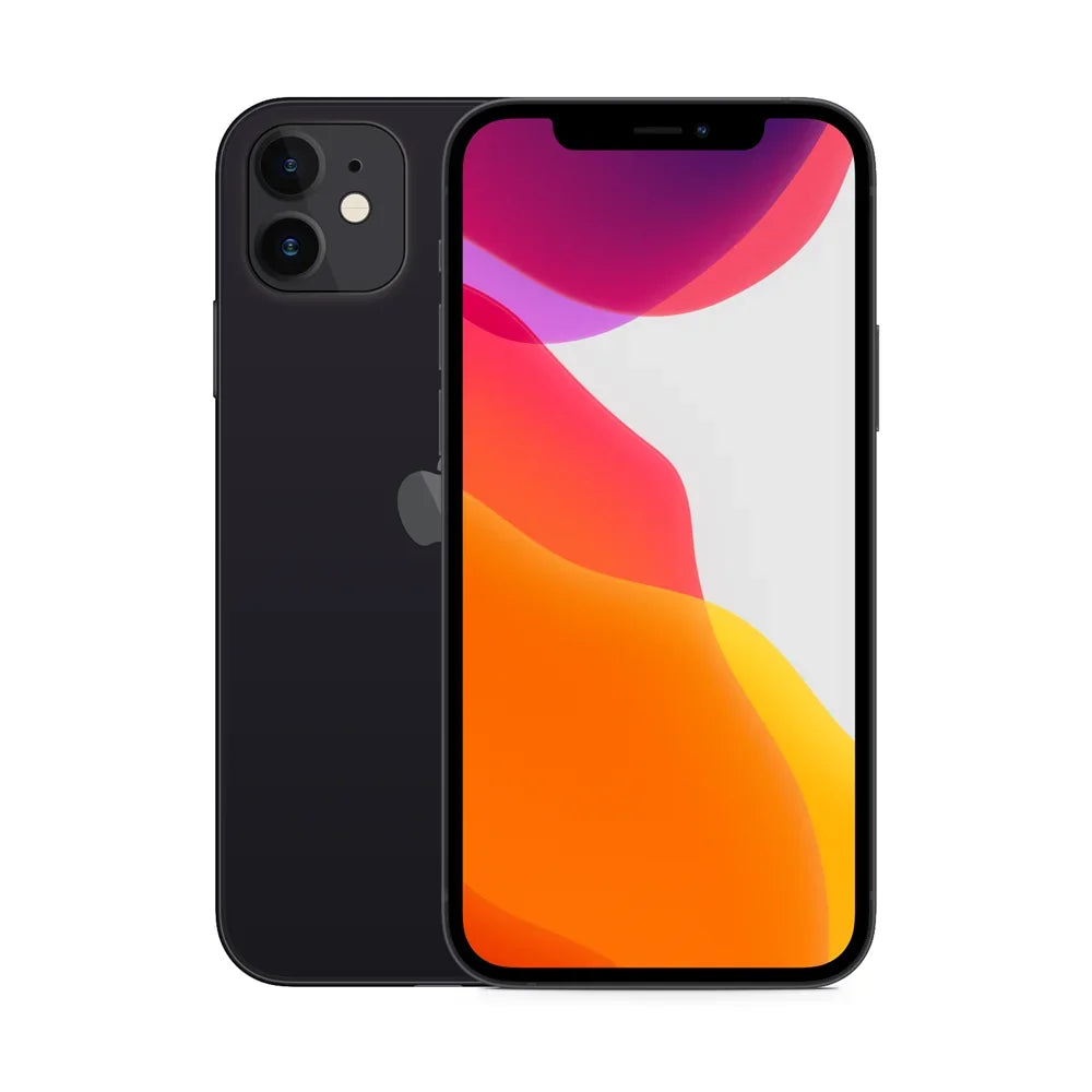 Black smartphone showing a vibrant orange and pink wallpaper, front and back view, displaying dual cameras at the rear and a sleek, modern design.