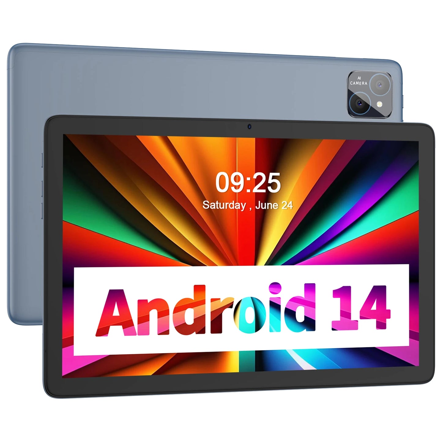A tablet with a colorful wallpaper displays "Android 14" on the screen. The time reads 09:25, Saturday, June 24. The tablet's rear camera is visible on the top left.