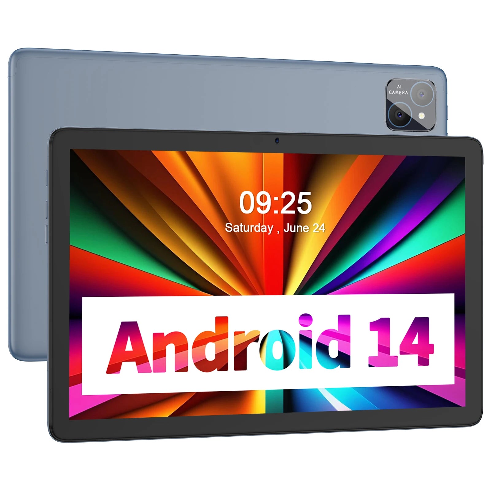 A tablet with a colorful wallpaper displays "Android 14" on the screen. The time reads 09:25, Saturday, June 24. The tablet's rear camera is visible on the top left.