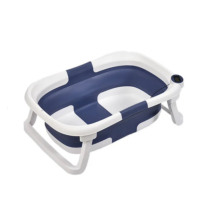Blue and white collapsible baby bathtub with folding legs and an integrated thermometer.