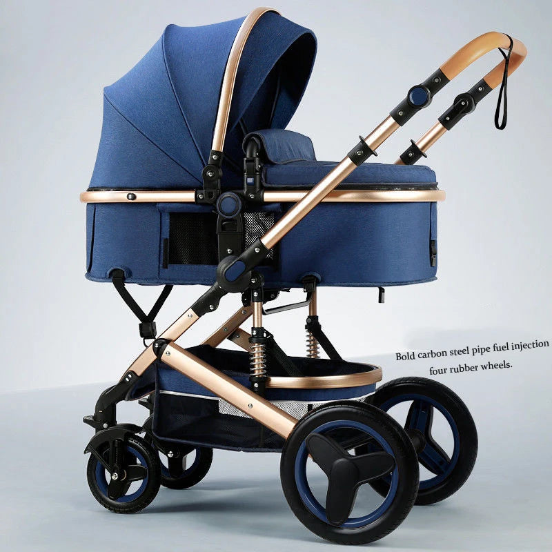 A blue baby stroller with gold accents, featuring a canopy and four rubber wheels. The frame is made of bold carbon steel pipe with ergonomic handles.