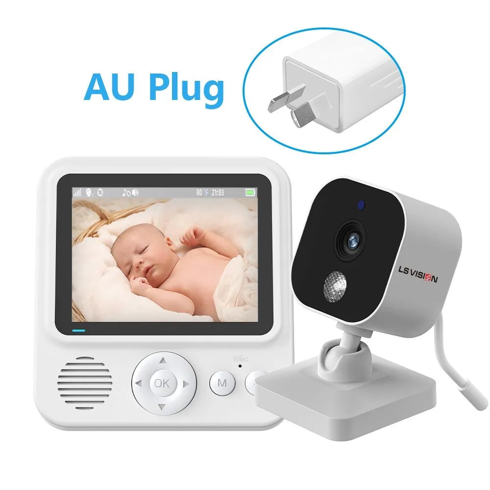Baby monitor with camera and AU plug. The screen displays a sleeping baby. The monitor features controls and the camera is white with black accents, marked "LS Vision."