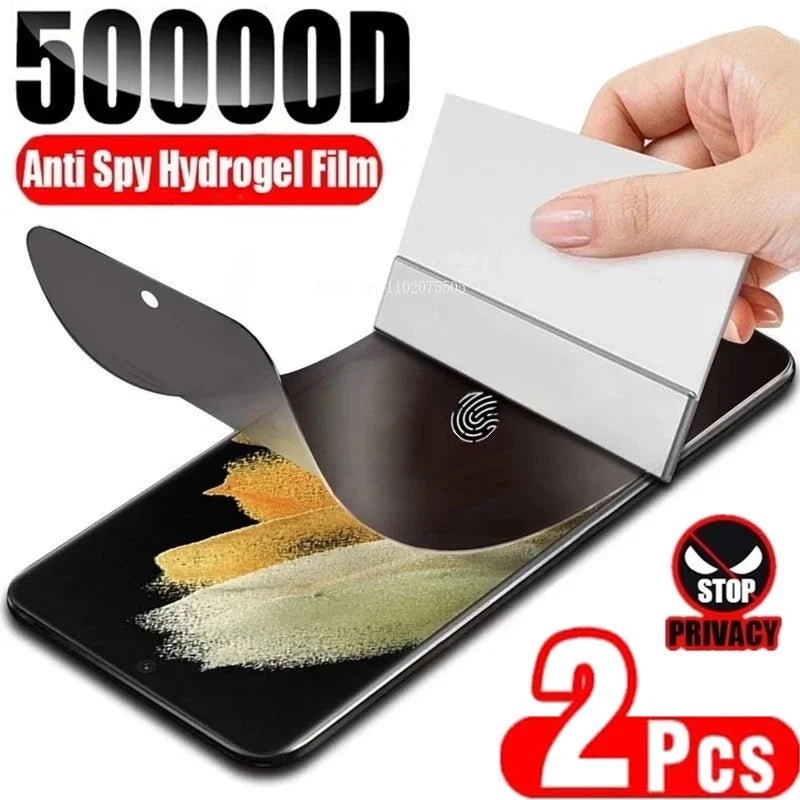 Anti-spy hydrogel film being applied to a smartphone screen. Bold text reads "50000D Anti Spy Hydrogel Film" with "Stop Privacy" icon and "2 Pcs" label visible.