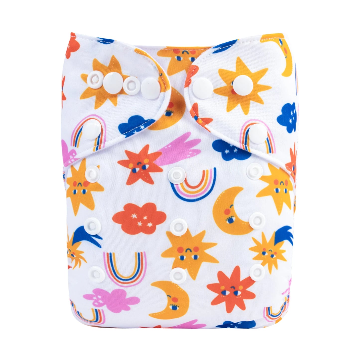 Colorful cloth diaper with playful sun, moon, and rainbow patterns. Features adjustable snap buttons on a white background, ideal for a bright and cheerful look.