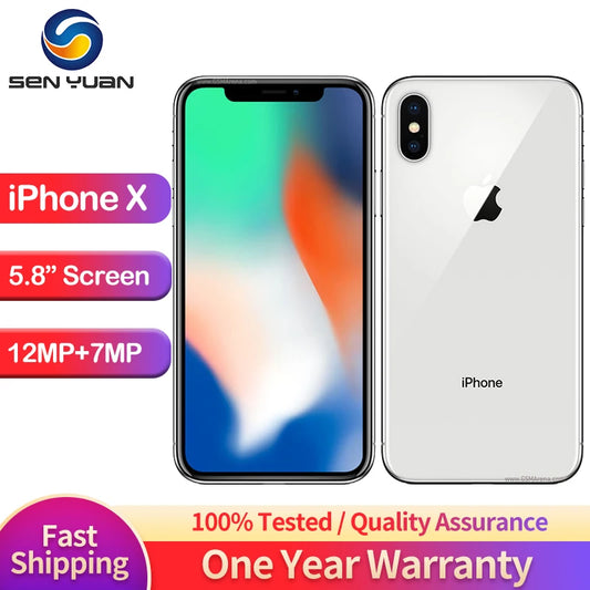 Front and back view of iPhone X with 5.8-inch screen and dual camera. Text highlights 12MP+7MP cameras, fast shipping, quality assurance, and one-year warranty by Sen Yuan.