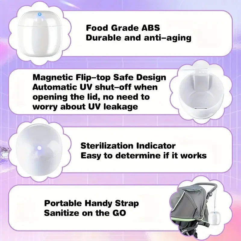 Compact UV sanitizer features food grade ABS, magnetic flip-top, automatic UV shut-off, sterilization indicator, and portable strap for easy use on the go.