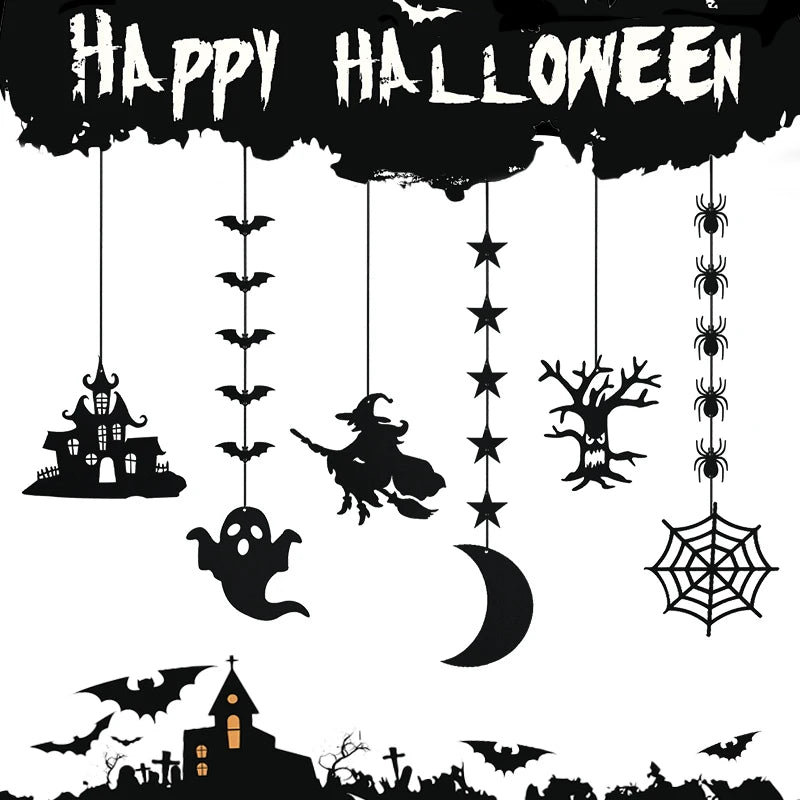 Silhouetted Halloween scene with "Happy Halloween" text above. Dangling decorations include a haunted house, bats, ghost, witch on a broomstick, crescent moon, stars, creepy tree, spiders, and a spider web. Below, there's a silhouette of a church, graveyard, and flying bats.