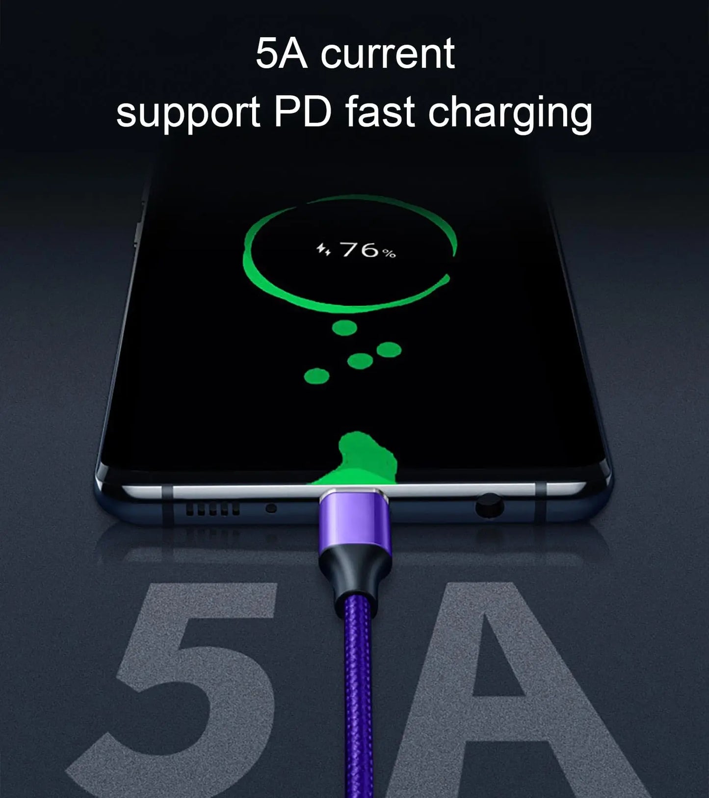 Smartphone charging with a purple cable, displaying 76% charged. Text reads "5A current support PD fast charging" on a dark background.