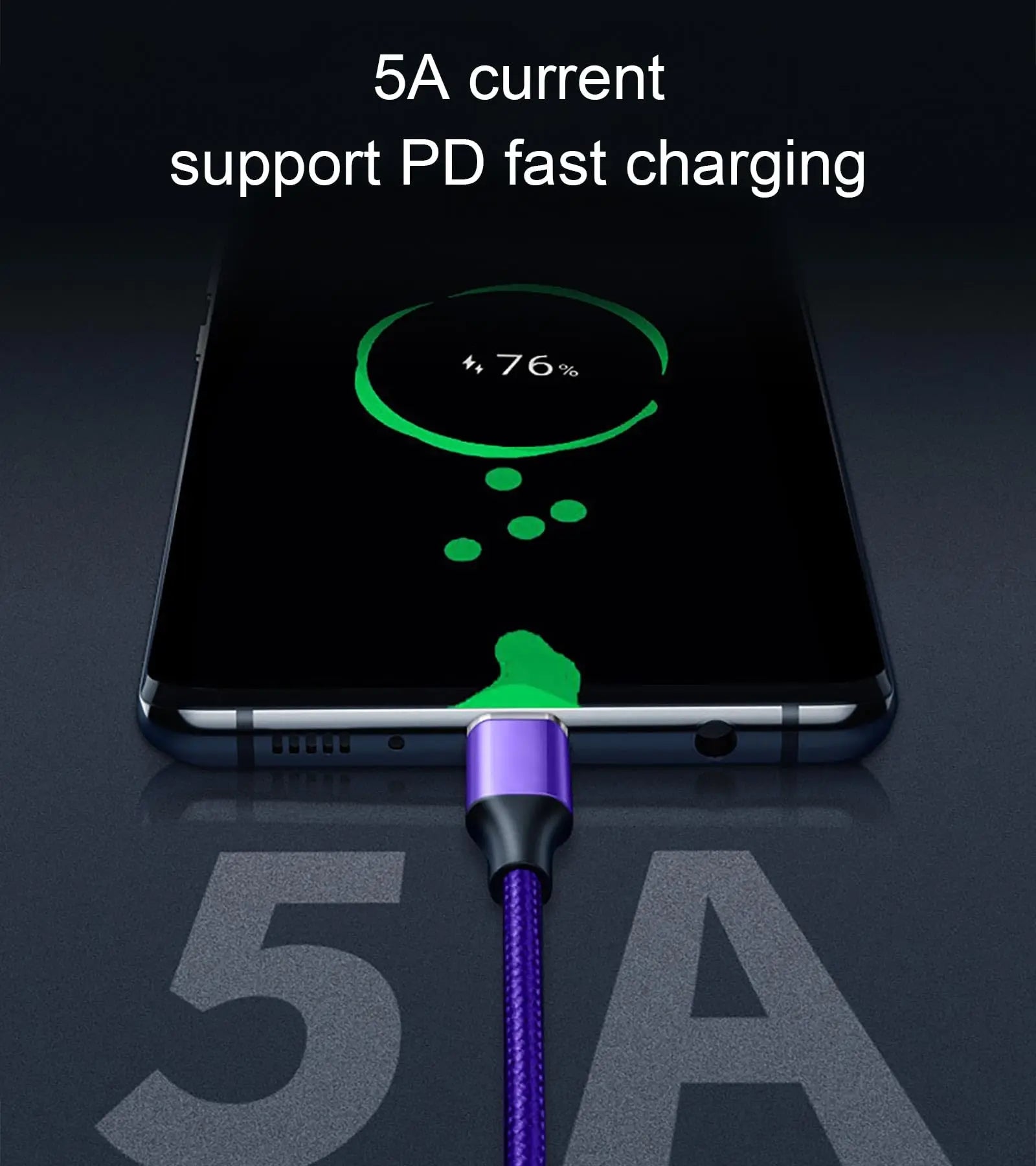Smartphone charging with a purple cable, displaying 76% charged. Text reads "5A current support PD fast charging" on a dark background.