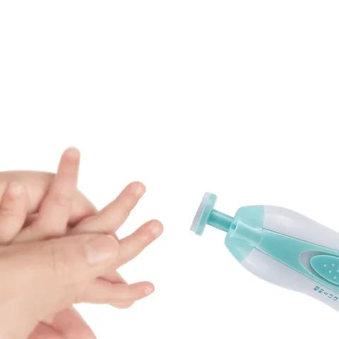 Electric baby nail file with a blue and white handle near an adult holding a baby's hand, demonstrating safe nail trimming.