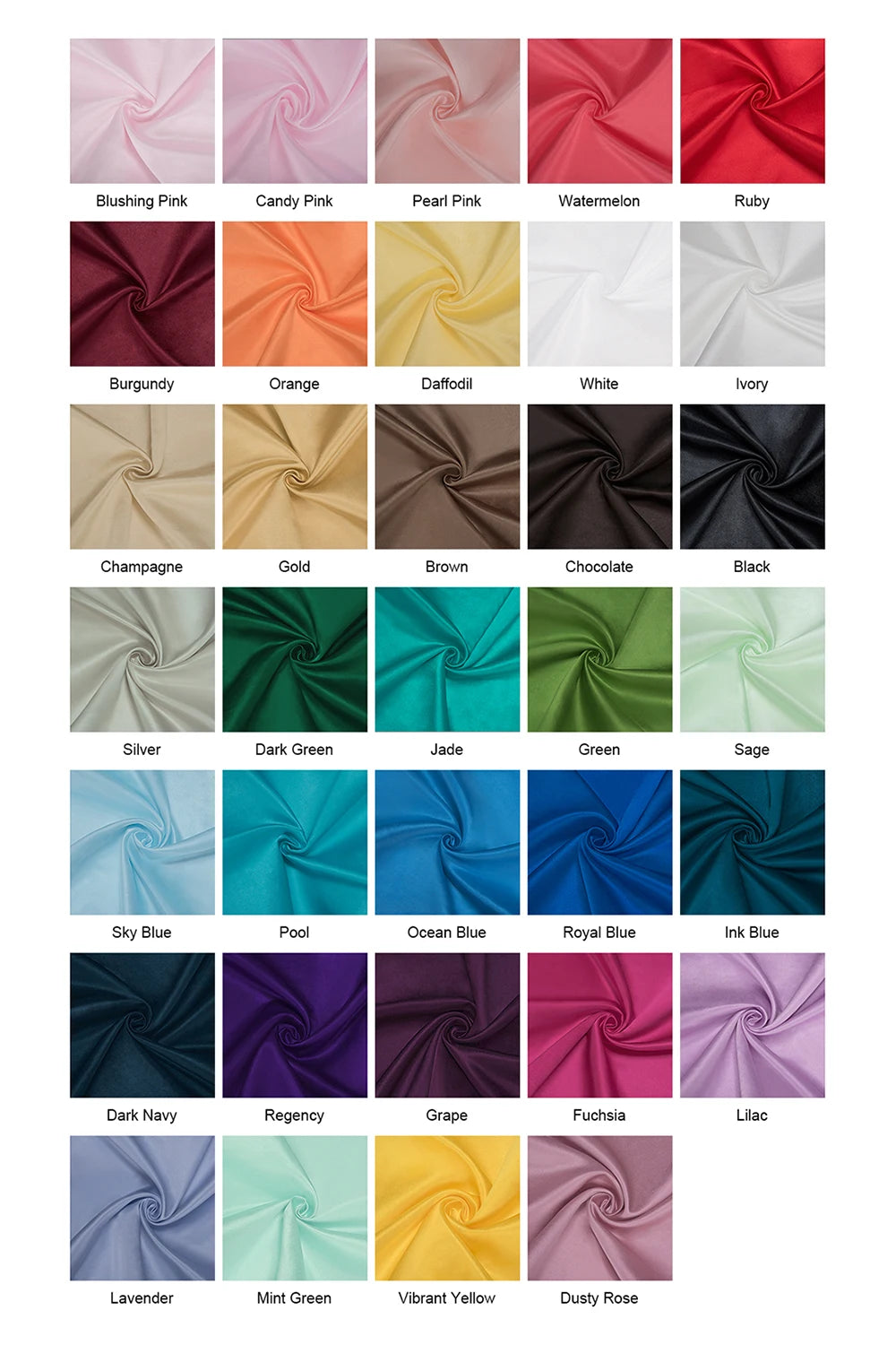 Grid of fabric swatches in 30 colors, including Blushing Pink, Ruby, Burgundy, Jade, Royal Blue, Dark Navy, and Dusty Rose. Each swatch shows a swirl pattern.