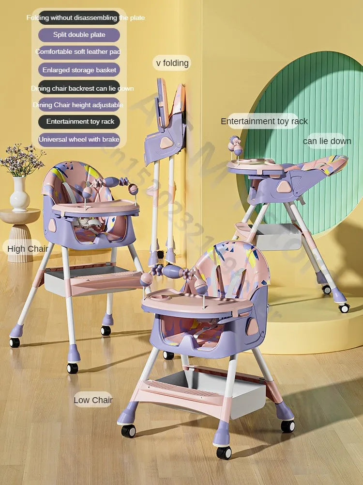 Multifunctional baby high chair with a colorful design, adjustable height, foldable feature, toy rack, soft leather pad, and storage basket. Displayed in different configurations.