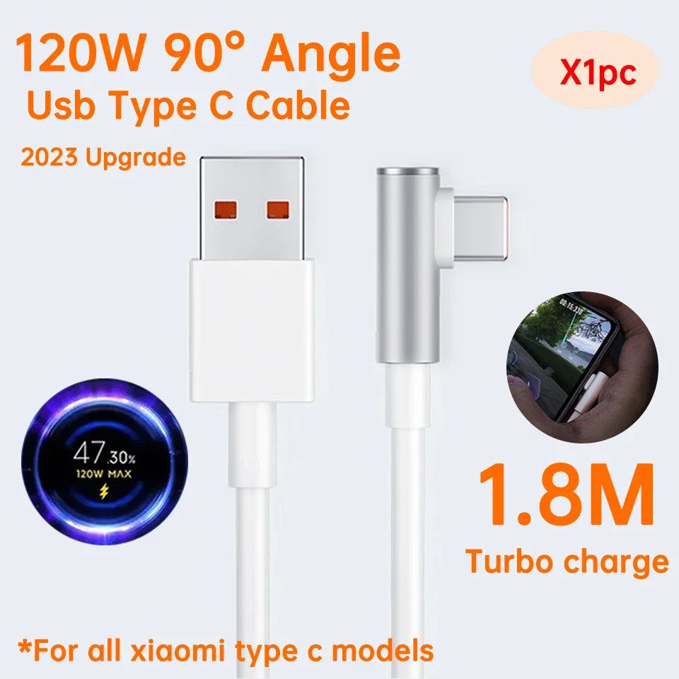 120W 90-degree USB Type-C cable for Xiaomi, 2023 upgrade. Features include 1.8M length, turbo charge, and angled connector. Shown charging at 47.30% power.