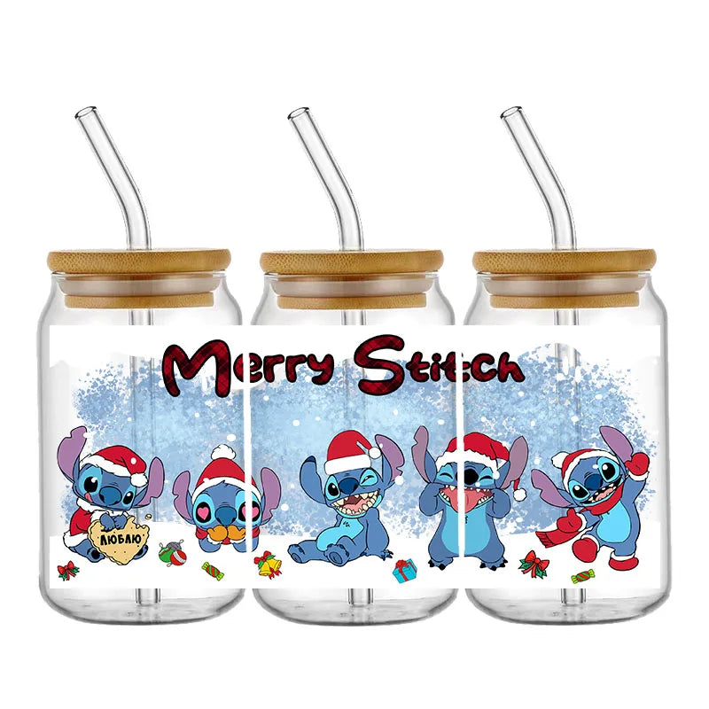 Three glass jars with wooden lids and straws feature cartoon characters in Santa hats, gifts, and text "Merry Stitch" on a snowy background.