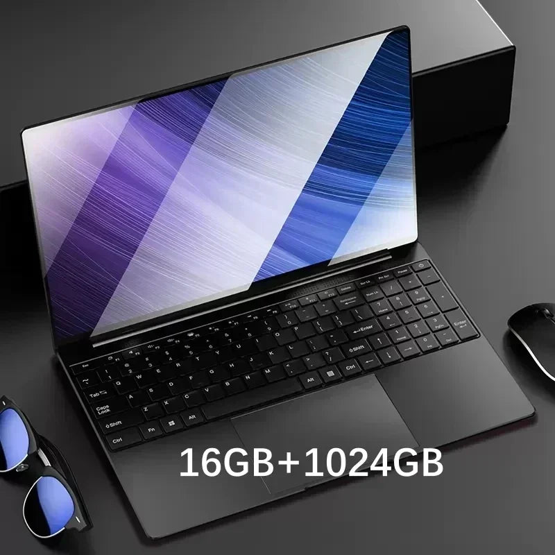 Sleek black laptop with a high-resolution screen displaying abstract stripes. Text reads "16GB + 1024GB." A pair of sunglasses and a mouse are nearby on a dark surface.