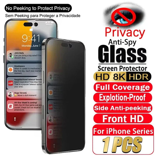 Image of an iPhone with an anti-spy privacy screen protector. Features include HD, 8K, explosion-proof, full coverage, side anti-peeking, and compatibility with iPhone.