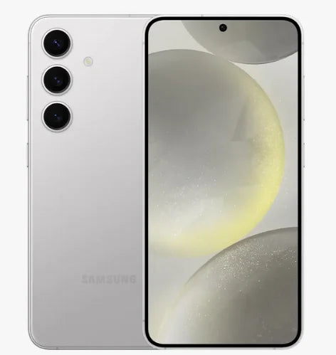 Samsung smartphone in silver, showcasing a front display with a circular camera cutout. The back features three vertical cameras and the Samsung logo, all set against a light background.