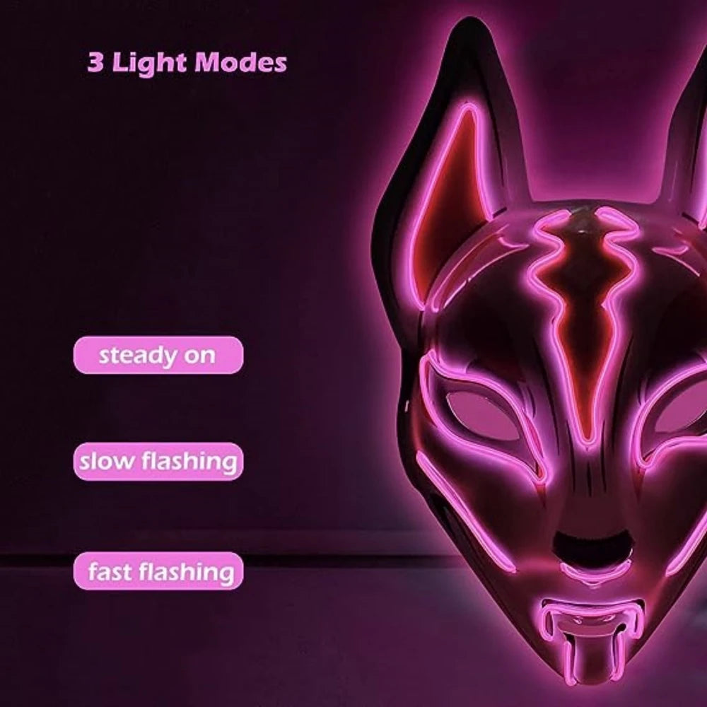 Neon animal mask with pink glow featuring three light modes: steady on, slow flashing, and fast flashing. Mask has sharp ears and intricate, symmetrical designs.