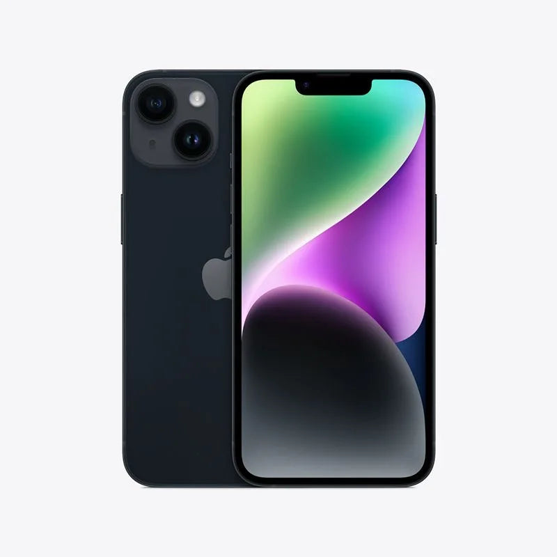 A sleek black smartphone with a colorful gradient display, featuring dual rear cameras and an iconic logo. The screen shows vibrant shades of green, purple, and black.
