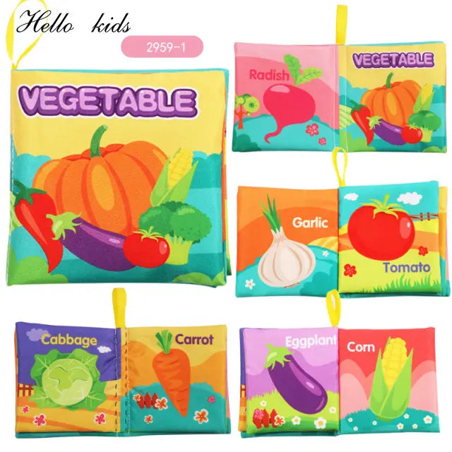 Colorful children's fabric book titled "Vegetable" featuring illustrated pages of various vegetables, including garlic, tomato, radish, cabbage, carrot, eggplant, and corn.