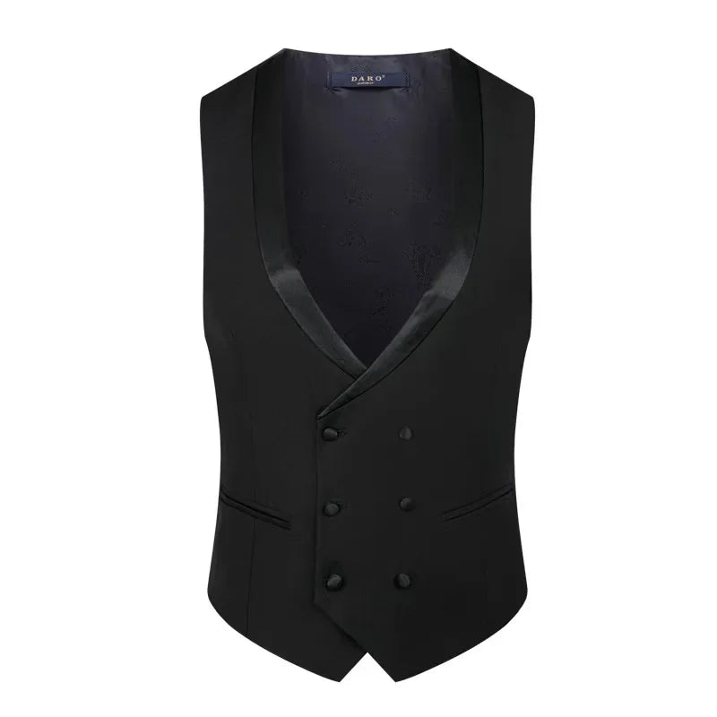 Sleek black vest with satin lapels and a double-breasted button design. It features two front pockets and an elegant tailored fit, ideal for formal occasions.
