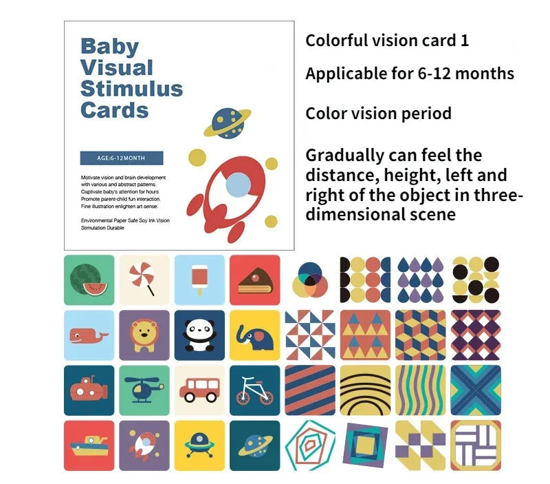 Baby Visual Stimulus Cards for 6-12 months. Colorful patterns include animals and shapes to aid visual development. Text highlights benefits for distance and spatial awareness.