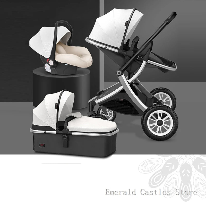 Modern black and white baby stroller system, featuring a detachable car seat, bassinet, and robust wheels, displayed on a sleek gray background.