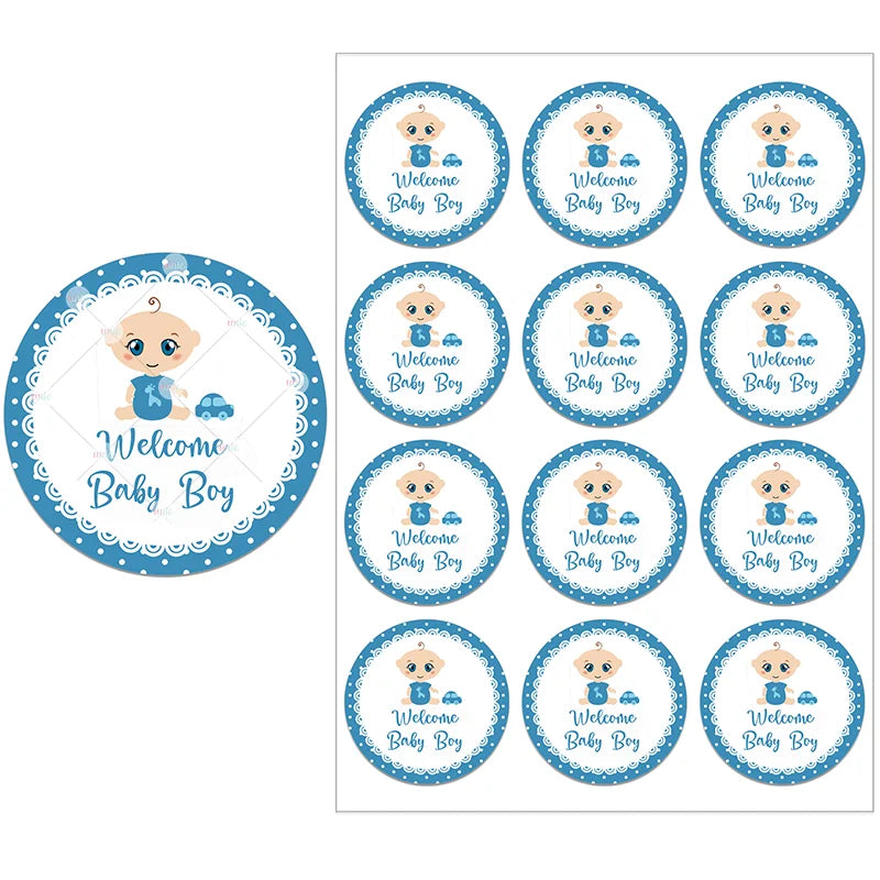 Set of round stickers with a baby boy illustration and a blue car, surrounded by a blue border. Text reads "Welcome Baby Boy" in blue script. Total of twelve identical stickers.
