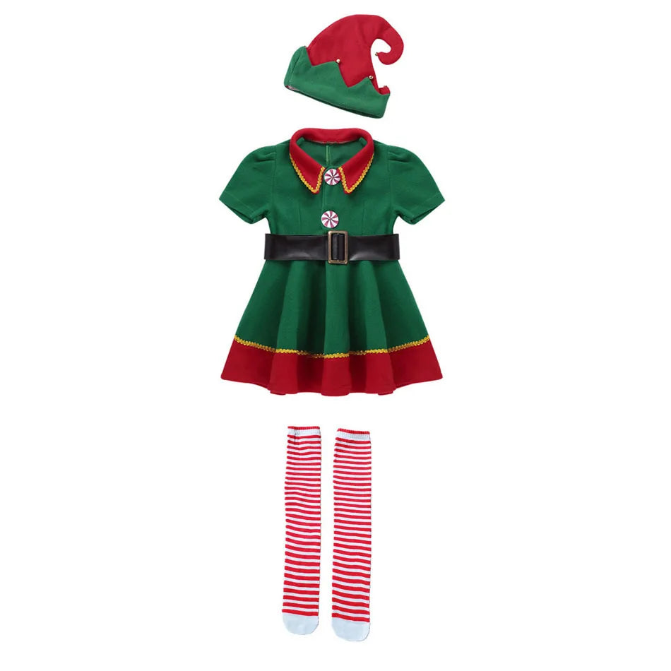 Green elf costume with a red collar and hem, black belt, candy buttons, and matching red and green hat. Includes red and white striped knee-high socks.