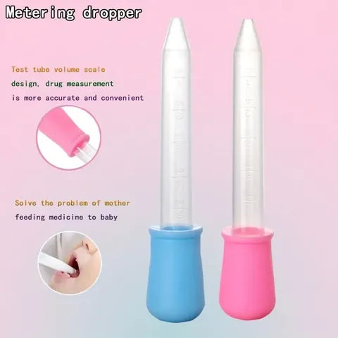 Two metering droppers stand upright, one with blue grip and the other pink. Text highlights their use for accurate drug measurement and easy medicine administration to babies.