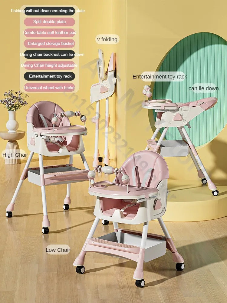 Pink convertible high chair with adjustable features: split plate, soft pad, storage, reclining backrest, toy rack, and universal wheels. Shown in two heights and folded.