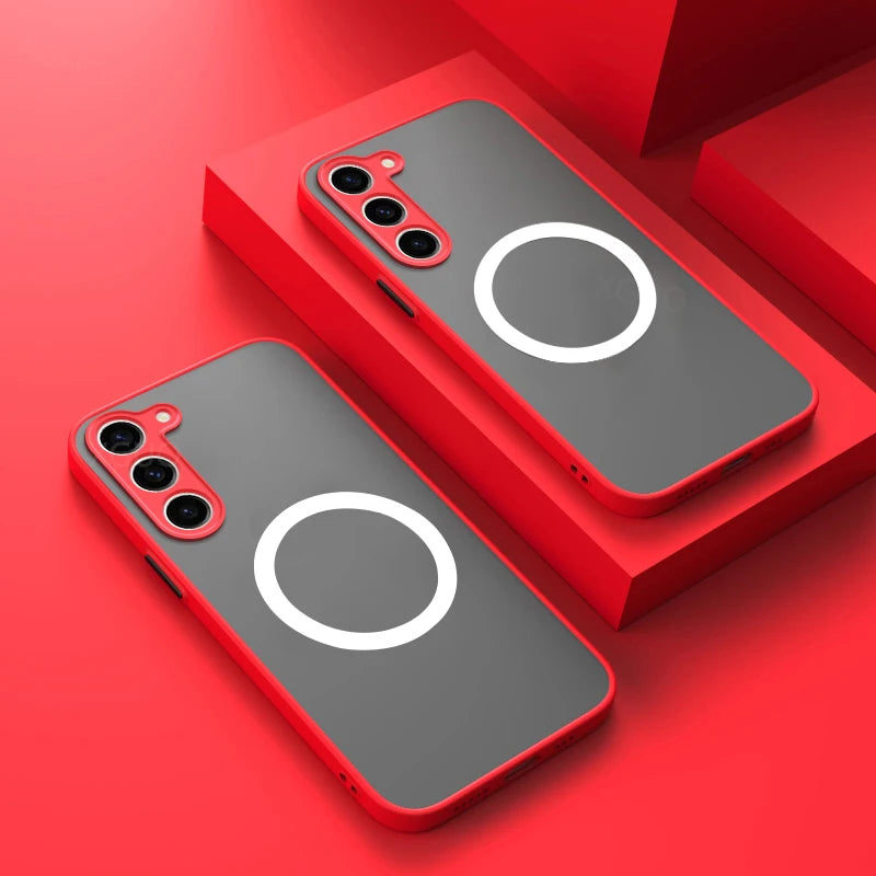 Two red smartphone cases with gray backs and white circular designs are displayed on matching red platforms. Each case has cutouts for three camera lenses.