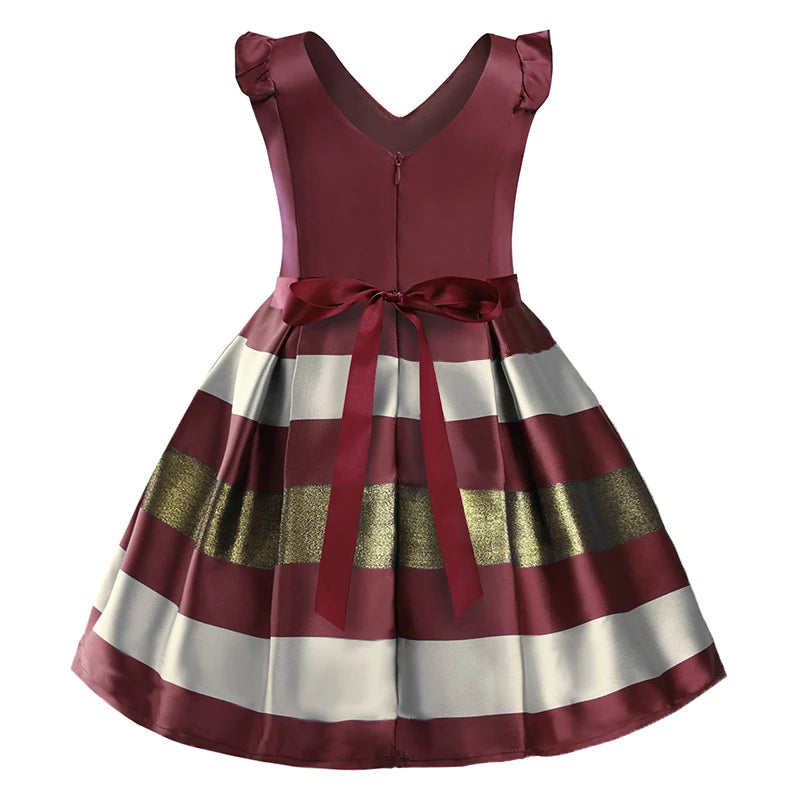 Elegant maroon dress with cap sleeves, featuring horizontal stripes in maroon, gold, and off-white. Back view shows a satin ribbon bow at the waist and a V-shaped neckline.
