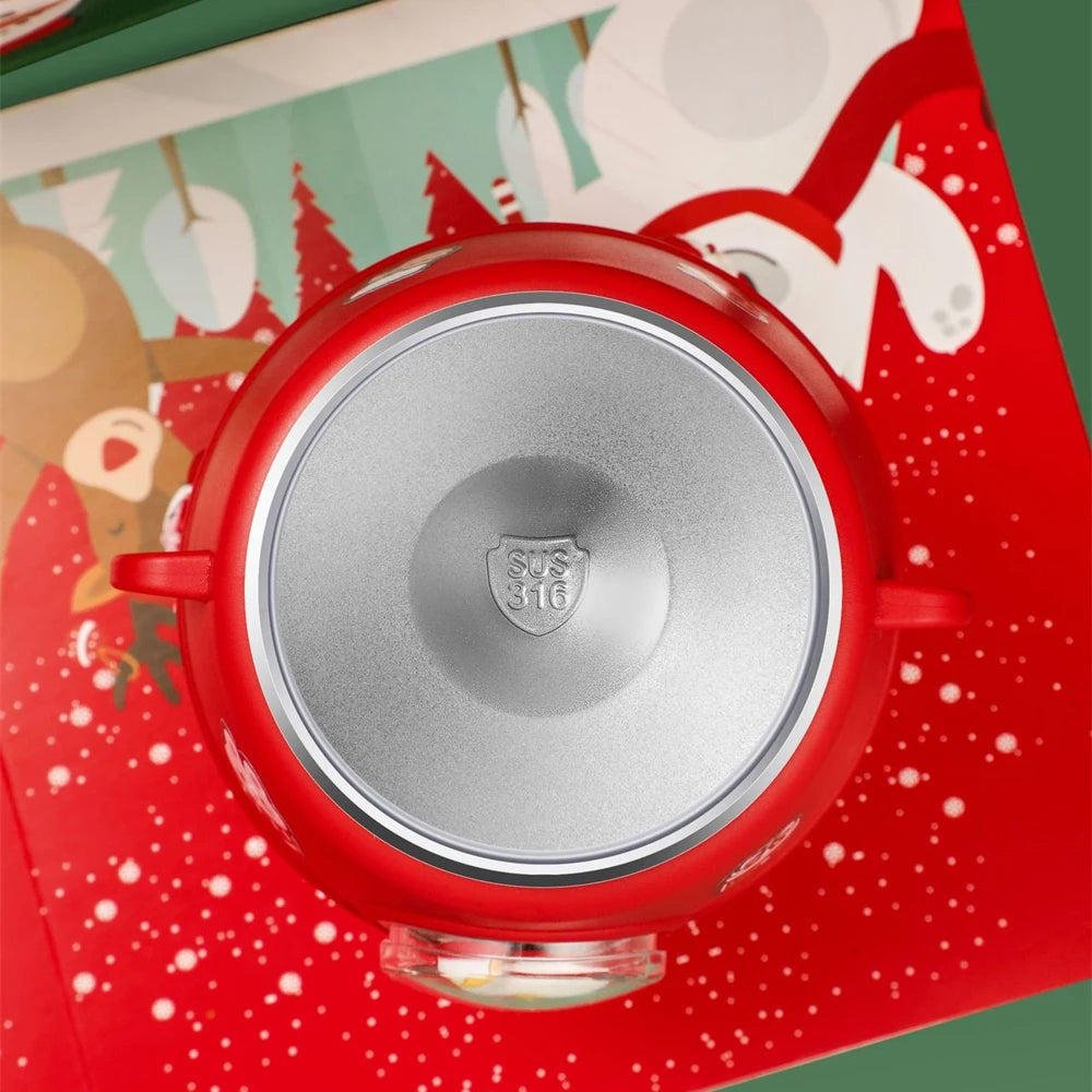 Top view of a red insulated stainless steel bottle on a festive Christmas-themed background with snowflakes, reindeer, and trees. The lid is marked "SUS 316."