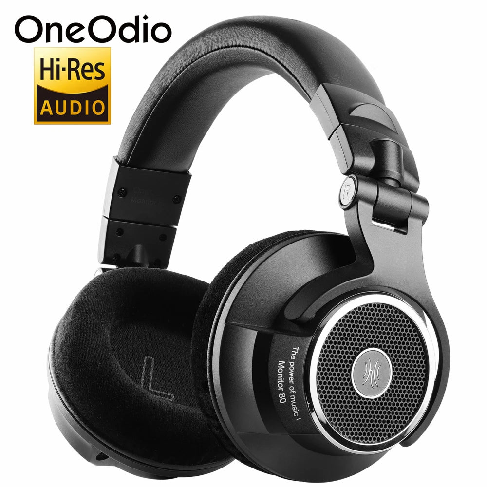 Black OneOdio over-ear headphones with padded ear cups and adjustable headband, featuring Hi-Res Audio certification. The headphones have a sleek, professional design.