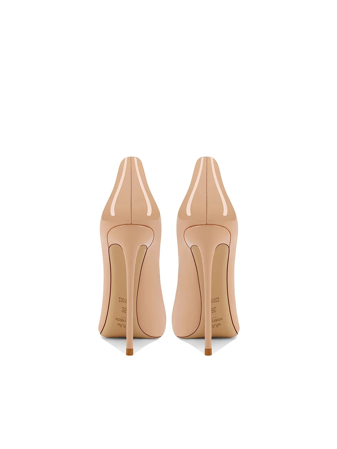 Rear view of beige high-heeled shoes with sleek, tall stiletto heels and curved detailing. The shoes rest on a white background, highlighting their elegant design.