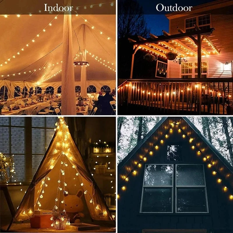 Indoor and outdoor settings with string lights: a decorated tent for events, a house patio, a cozy indoor tent, and a cabin with lights along the gable roof.