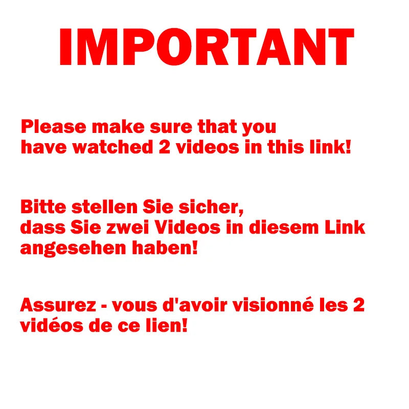 Red text on a white background reads "IMPORTANT." Below, in English, German, and French, it reminds viewers to watch two videos linked.