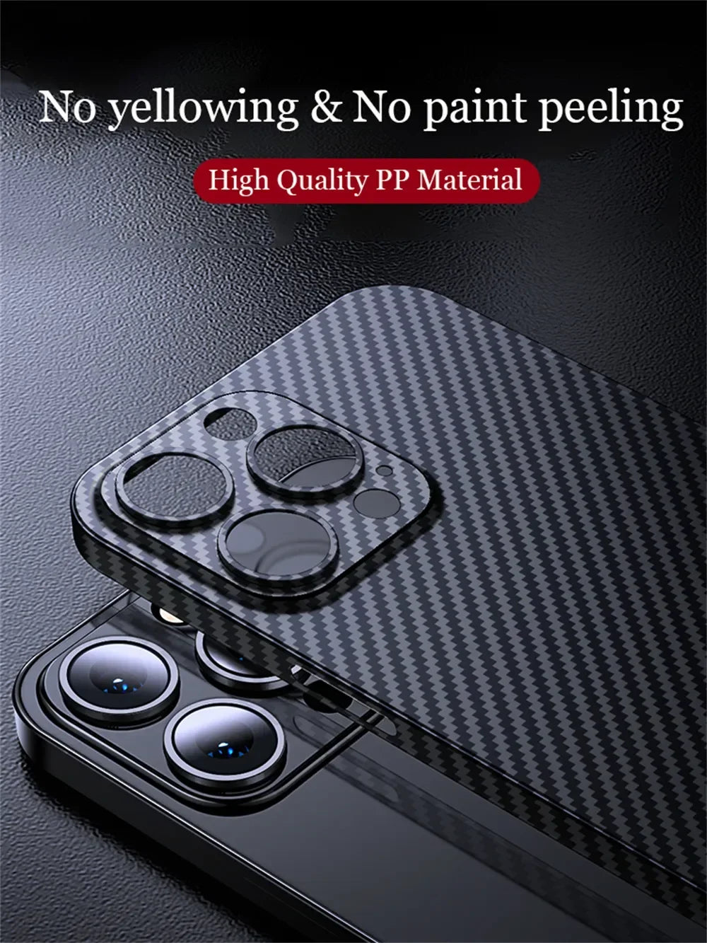 Close-up of a smartphone with a carbon fiber-patterned case and camera lens cover. Text above reads, "No yellowing & No paint peeling. High Quality PP Material."