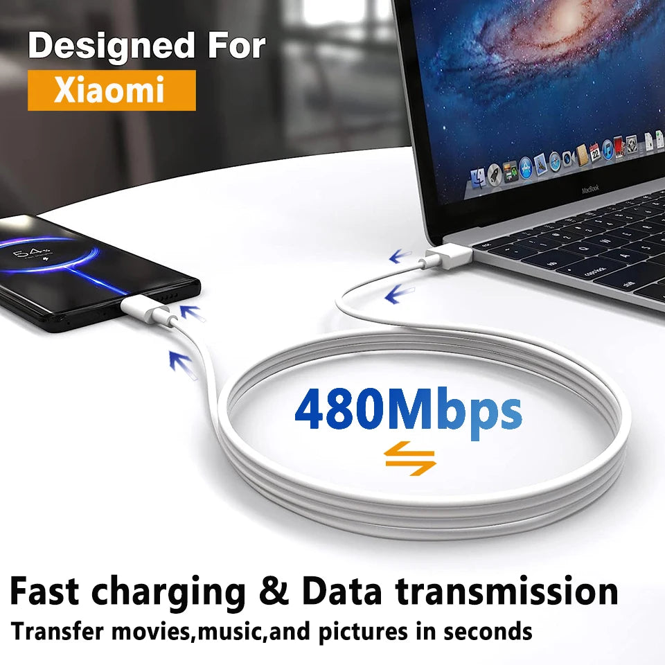 Cable advertised for Xiaomi, connecting a smartphone to a laptop. Highlights 480Mbps data transfer speed with text emphasizing fast charging and data transmission efficiency.