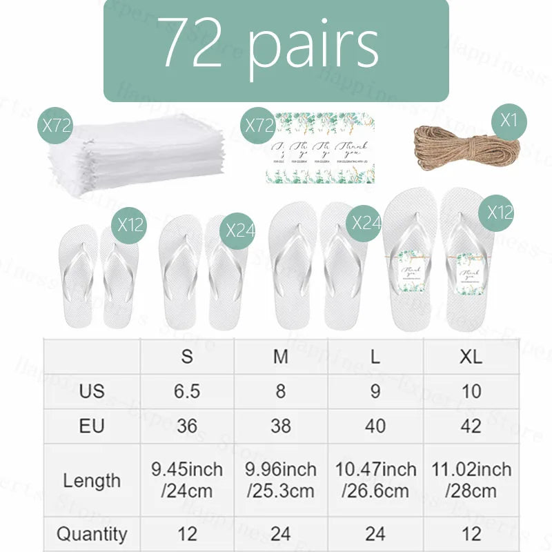 72 pairs of white flip flops in sizes S to XL, with quantities and lengths listed. Includes 72 drawstring bags, 72 thank you tags, and one roll of twine.