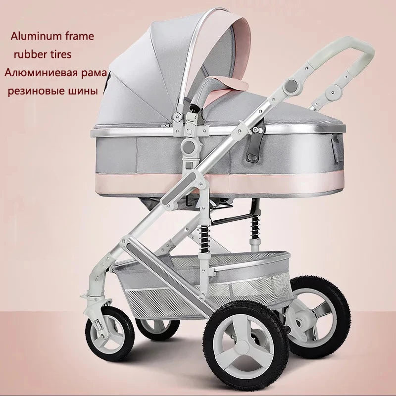 Silver baby stroller with an aluminum frame and rubber tires, featuring a pink canopy and cushioning. Text in English and Russian describes the frame and tires.
