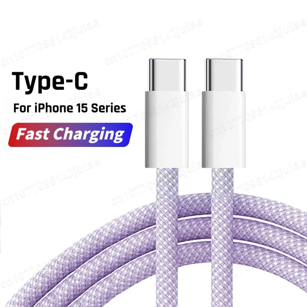 Purple braided Type-C cable for iPhone 15 series with silver connectors. Text highlights "Fast Charging" in red and blue gradient.