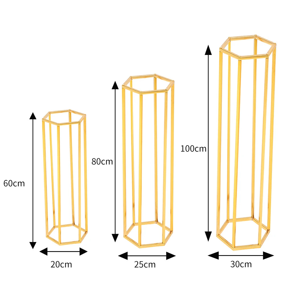Three gold hexagonal stands in varying heights: 60cm, 80cm, and 100cm, with corresponding base widths of 20cm, 25cm, and 30cm, arranged in ascending order.