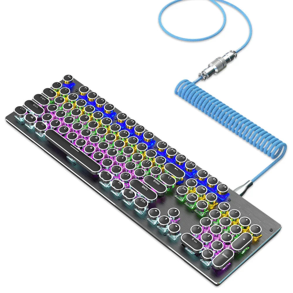 A mechanical keyboard with round keys in multicolored backlighting. It features a coiled blue USB cable and a metal rotary knob for volume control on a sleek black base.