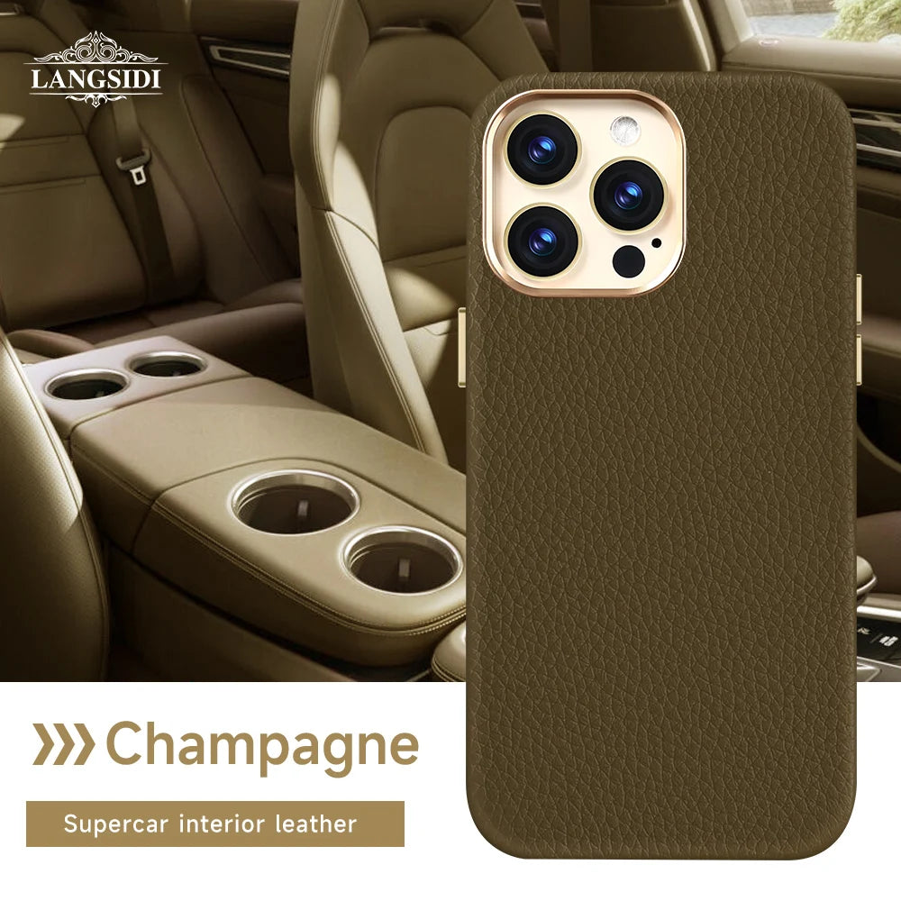 Tan leather phone case with textured surface positioned in front of a luxury car's champagne-colored leather interior, highlighting the premium material. Text reads "Champagne: Supercar interior leather."