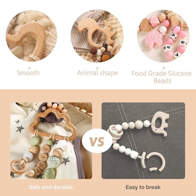 Wooden baby toy with smooth animal shapes and food-grade silicone beads. Shows comparison highlighting durability and safety against an easy-to-break item.