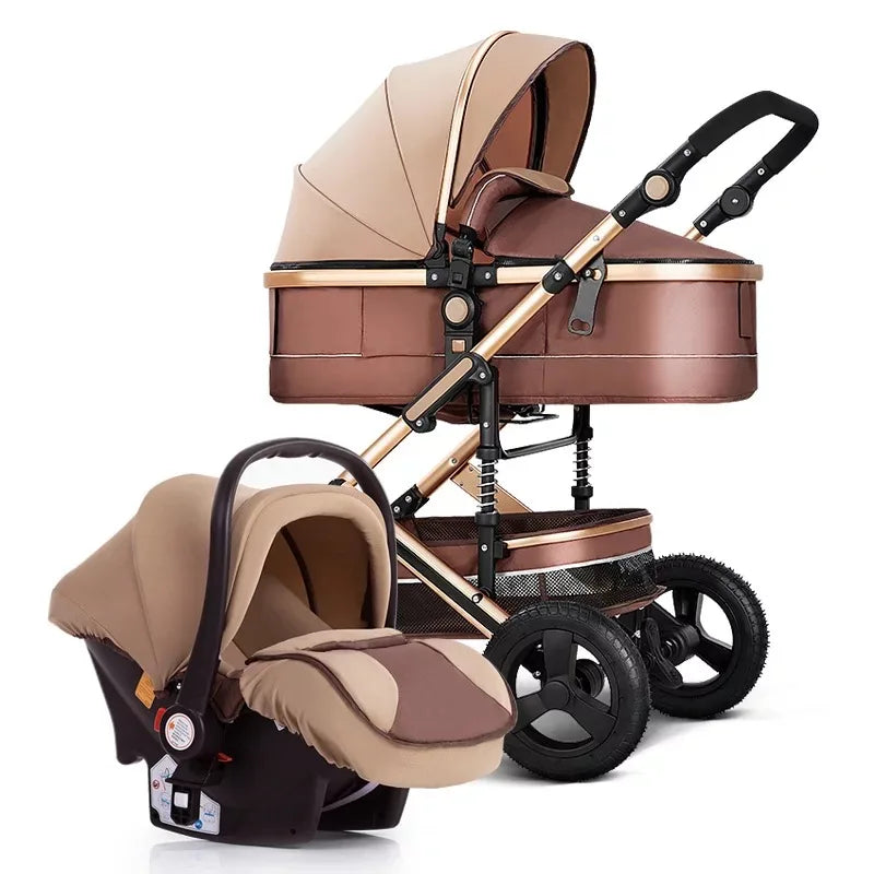 Brown and beige baby stroller with a detachable car seat, featuring a robust metal frame and large black wheels. Suitable for infants, offering style and functionality.