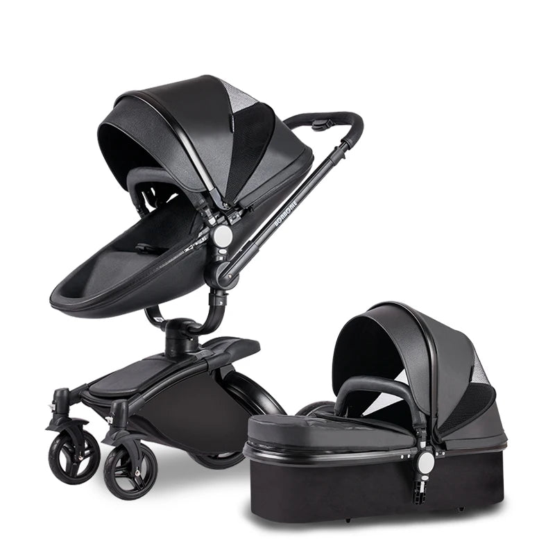 Sleek black baby stroller with adjustable seat and detachable bassinet, featuring a sturdy frame, canopy, and four wheels for easy mobility on various terrains.